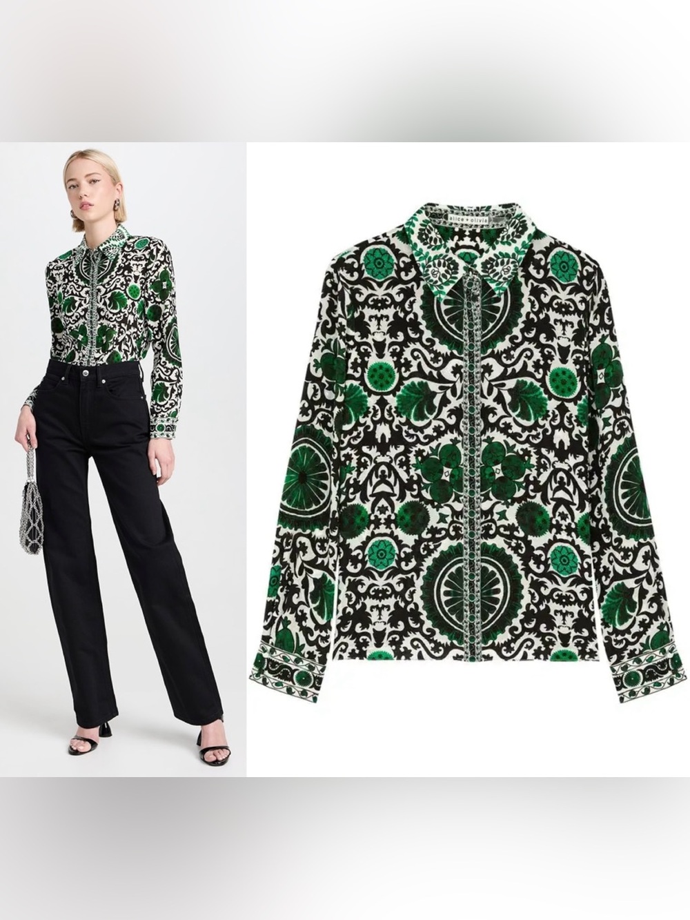 Alice + Olivia Willa Placket Silk Top In Monarch Light Emerald. Size M